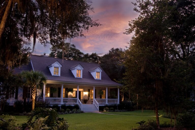 Classic American home at sunset