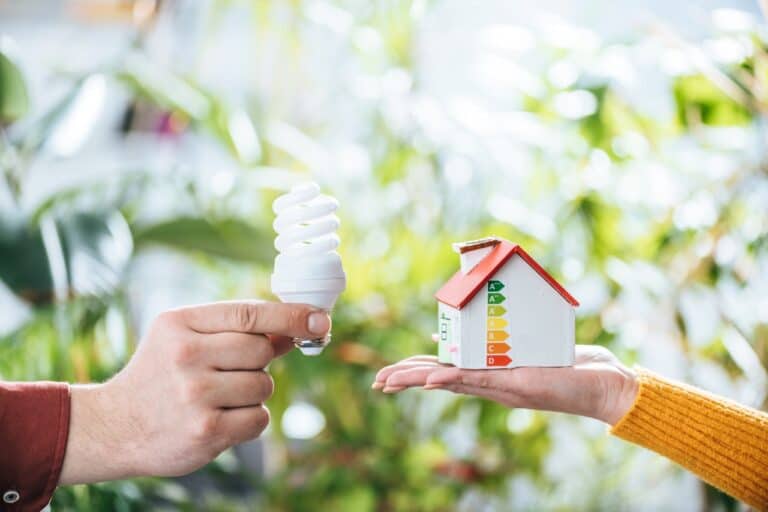 cropped view of man holding fluorescent lamp near woman with carton house in hand, energy efficiency