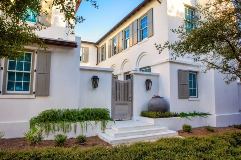 A scenic shot of a white residential building in Alys Beach, Emerald Coast, Florida, USA